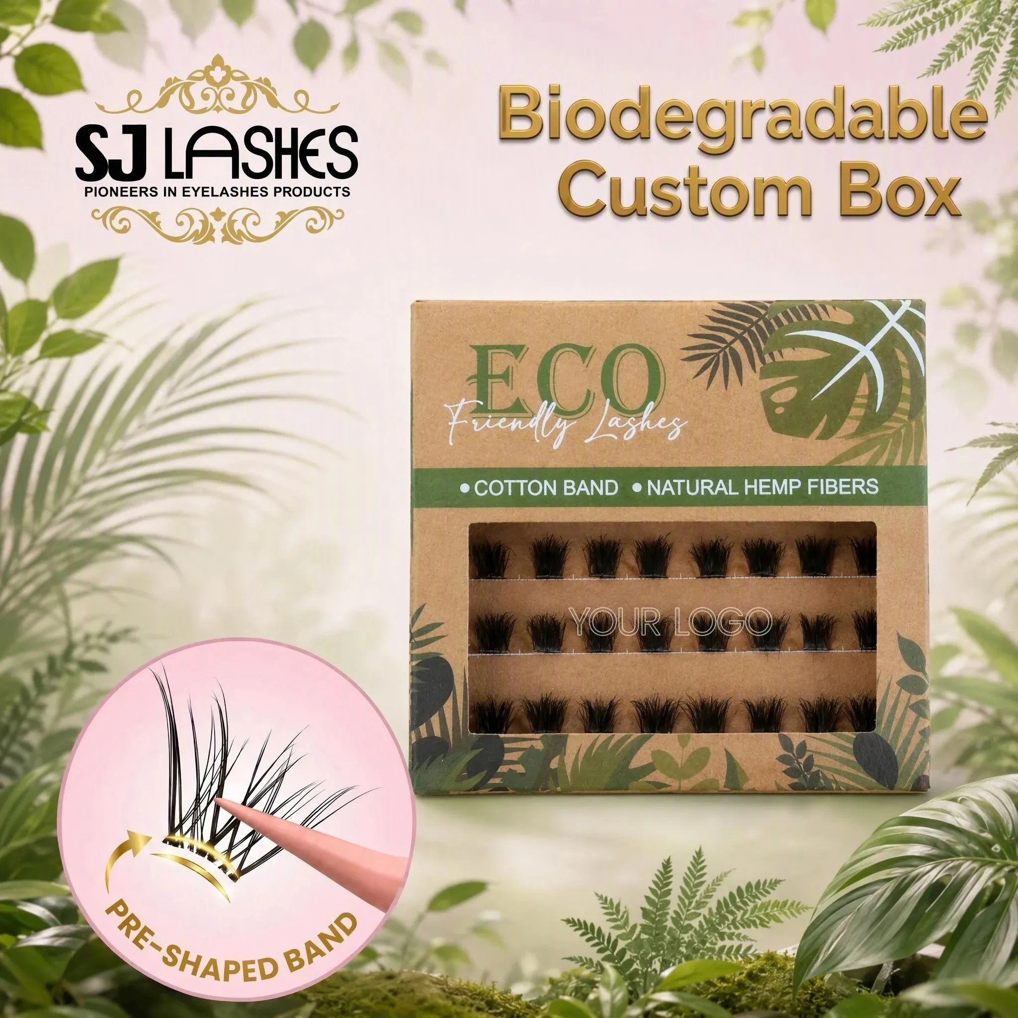 Kraft eco lash box with green ECO Friendly Lashes print, monstera leaf artwork, cotton band and natural hemp fibres material band, window showing lash rows and outline YOUR LOGO area, on a moss and fern background - eco friendly segment lash box