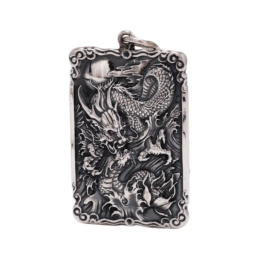 

Sterling Silver 999 Vintage Auspicious Clouds Square Pendant for Men Carved Dragon Design Retro Punk Rock Pendant Male Jewelry