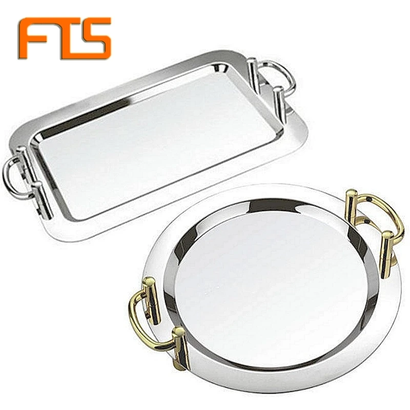 

FTS Mirror Tray Metal Stainless Steel Food Round Luxury Custom Silver Wholesale Hotel Catering Serving Trays