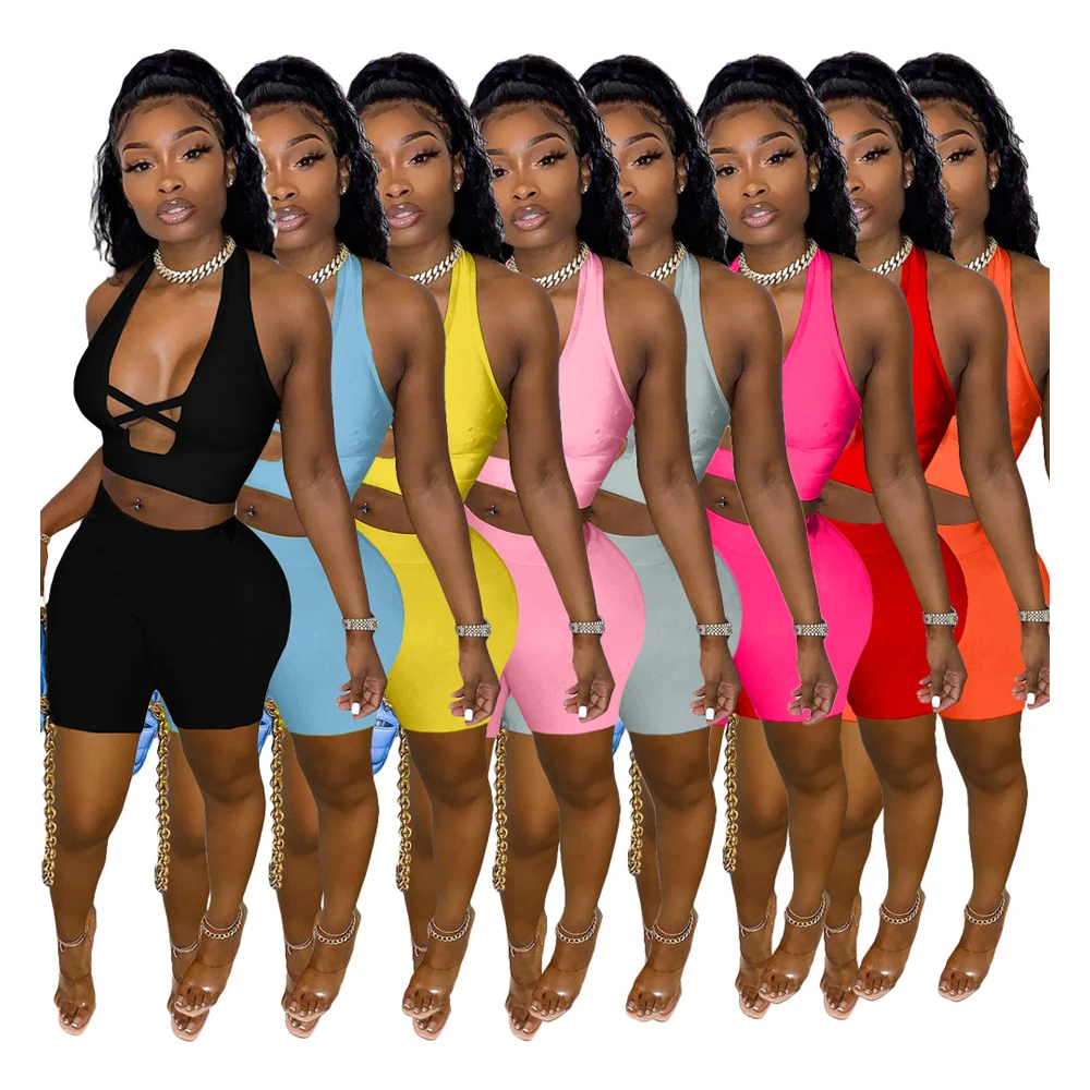 

Summer Workout Shorts Sets Solid Color Crop Top Womens Short 2 Piece Set, Pink, yellow, orange, red, gray, black, rose red, sky blue