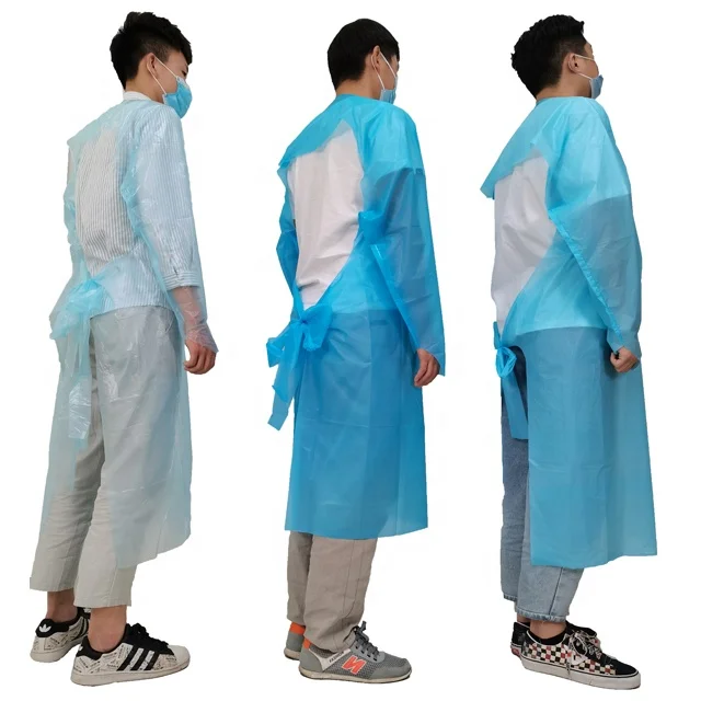 

wholesale price hospital safety cpe impervious gowns with astm f1671 level 2 light weight cpe gown apron with tumb loop 15g pp, Blue/white/green/yellow