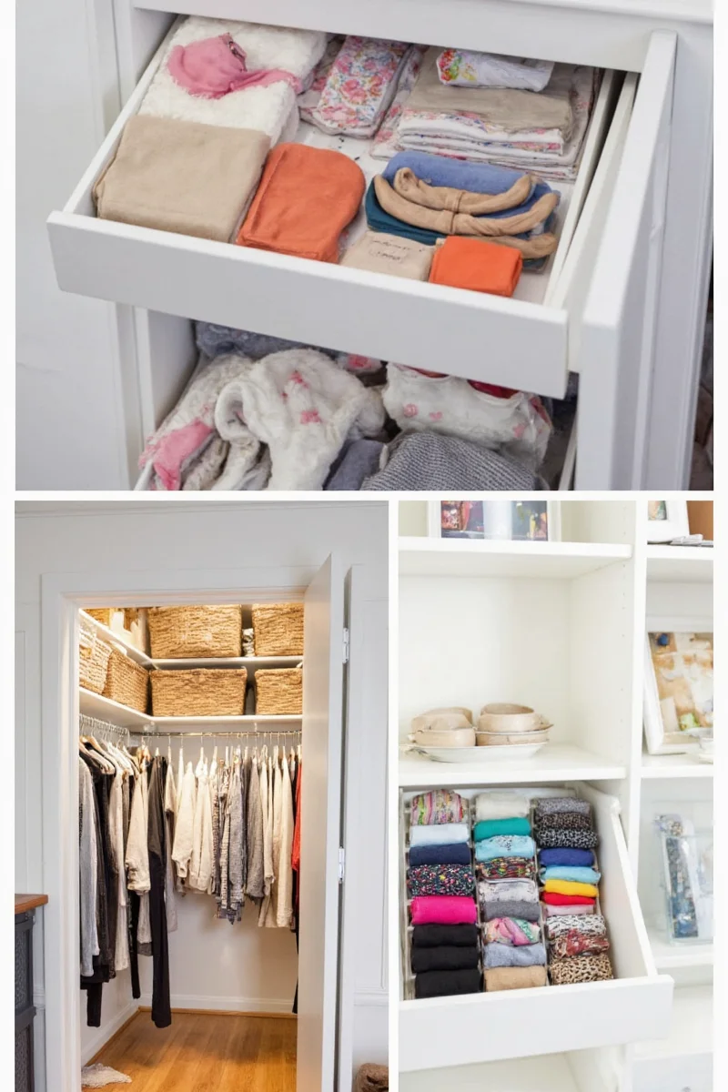 Woven baskets stacked neatly in a closet