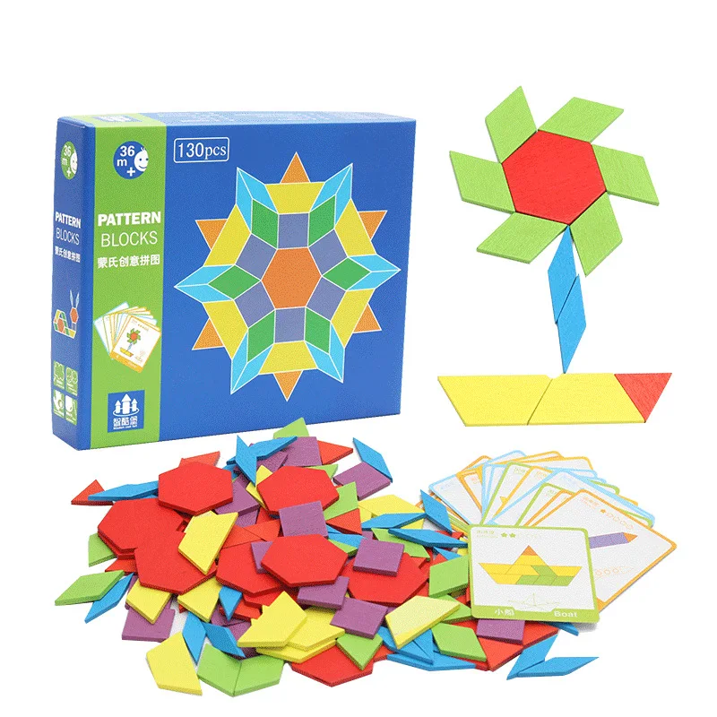 

130 PCS Wooden Pattern Blocks Geometric Shape Puzzles Classic Educational Toys Tangrams Set for Kids with 24 Design Cards