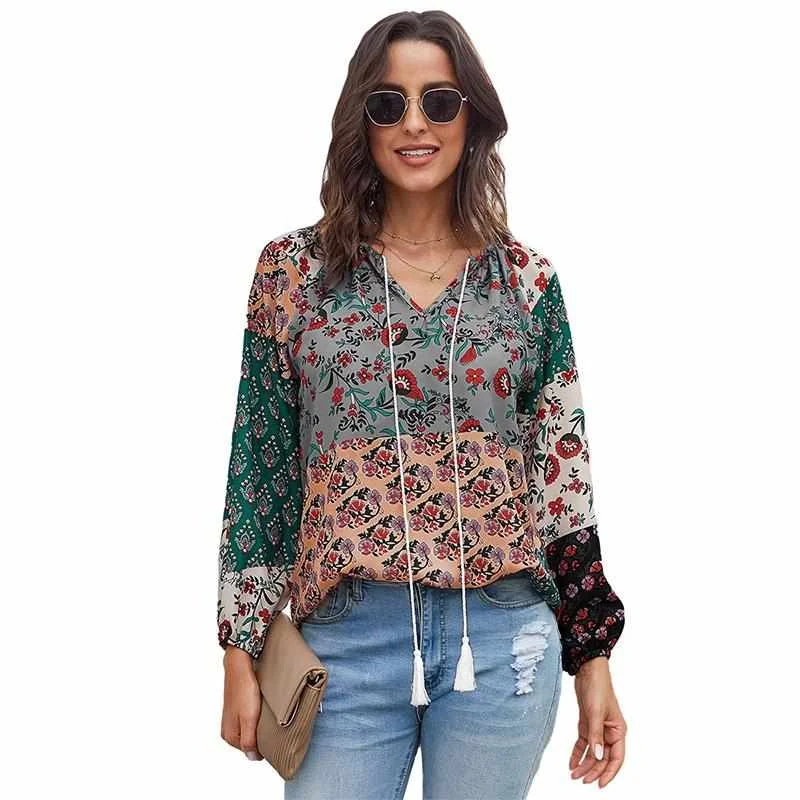 

Wholesale Women Full Sleeve Multicolor Floral Print Peasant Womens Tops Blouses