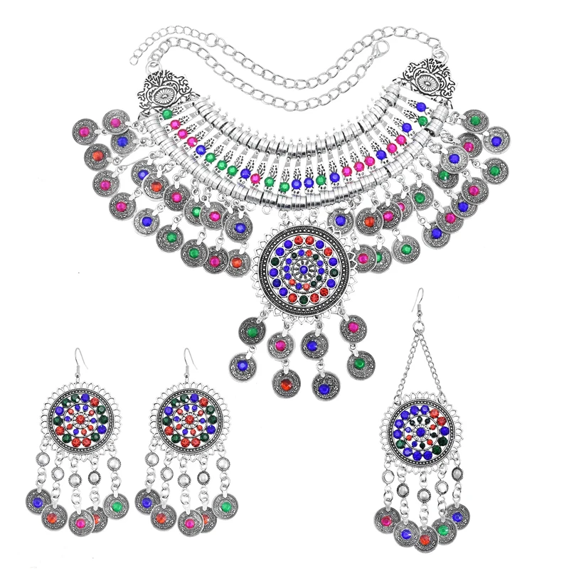 

Fashion Bohemian Ethnic Style Coin headband Necklace Earrings Rhinestone Color Random Indian Jewelry Set, Silver