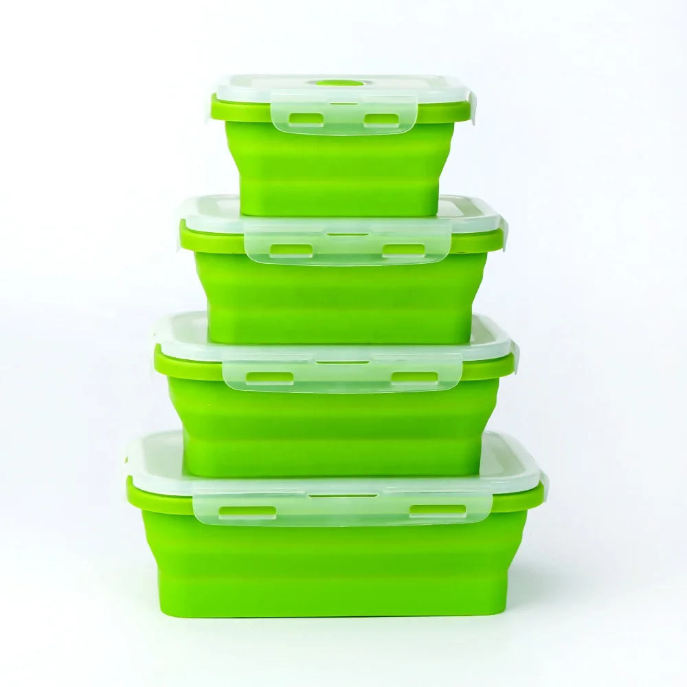 

Collapsible Silicone Food Storage Container Set of 4 with Lids -Stackable - Space Saving -Microwaveable-Freezer- Dishwasher, Green