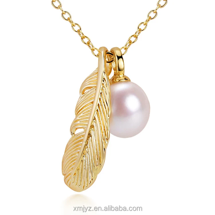 

Boutique Craft Natural Freshwater Pearl Pendant Choker Vintage Feather 18K Gilded Super Strong