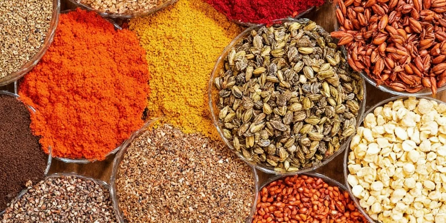Close-up of various Mediterranean spices in glass jars