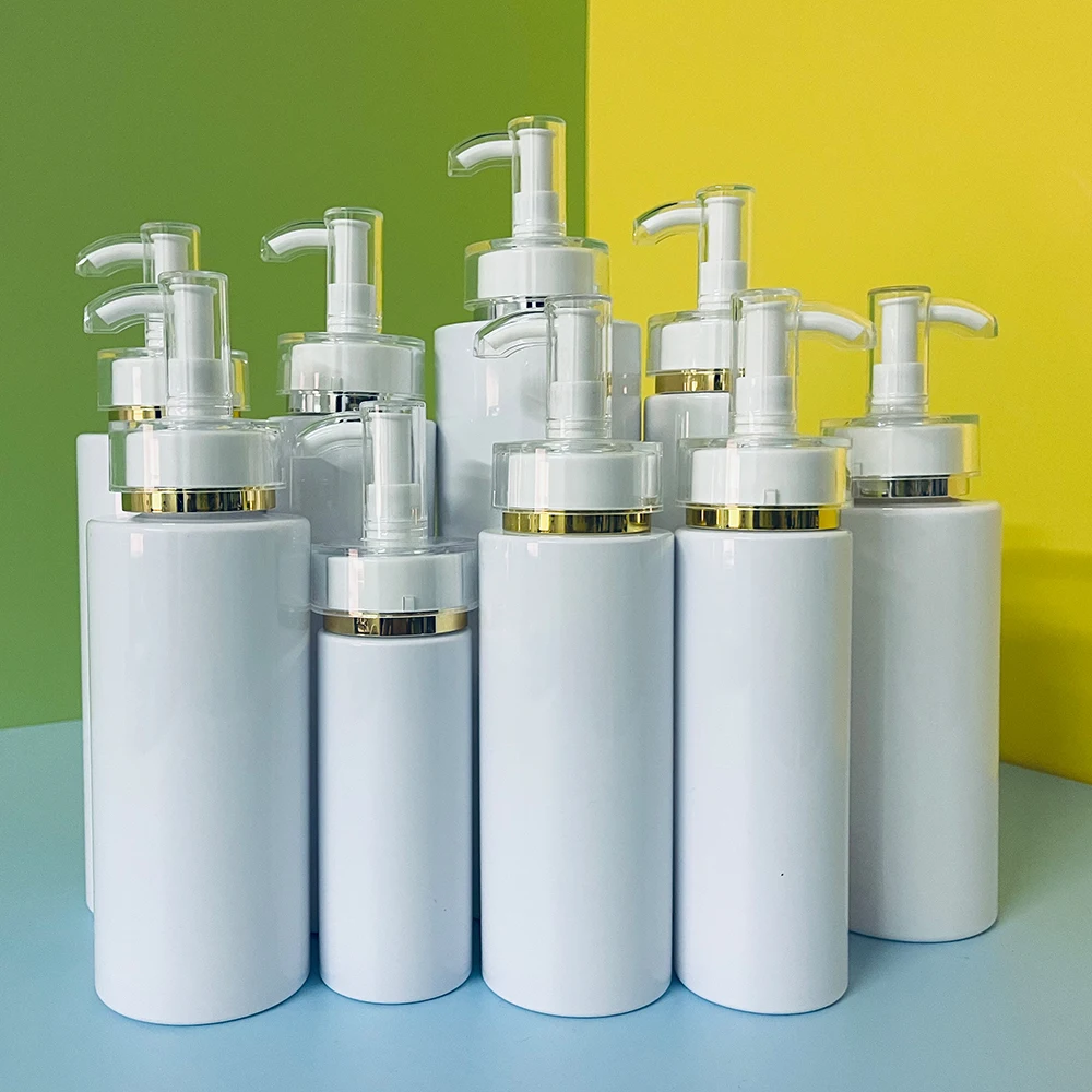 

100ml 200ml 300ml 400ml 500ml pet White round recyclable custom label Gold pump Head Shampoo emulsion plastic bottle