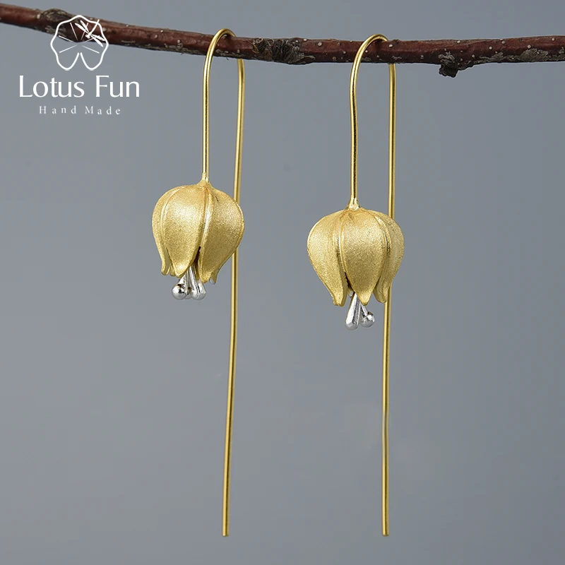 

Lotus Fun hand made 925 Sterling Silver with 18k gold plating Eternal Love Tulip Flower Dangle Earring Fashion Jewelry for women