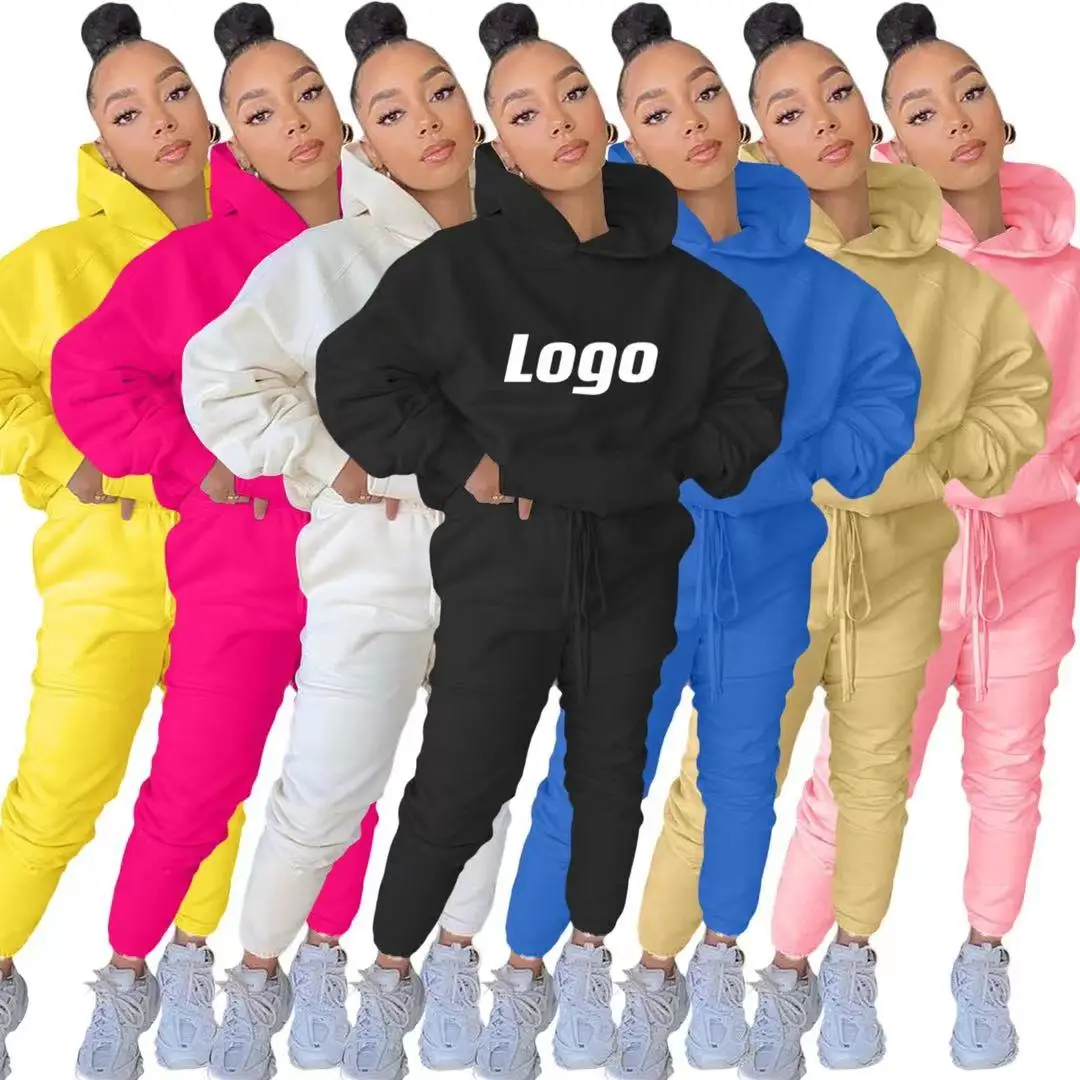 

Fast shipping custom logo cotton women jogging suits thick long sleeve hooded matching autumn outfits, As picture show