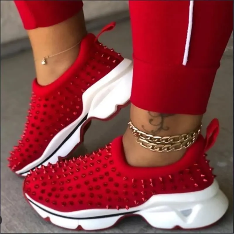 

2021 red leopard rivet embellished laceup platform sneakers causal shoe zapatillas tenis walking style shoes for women, Picture color