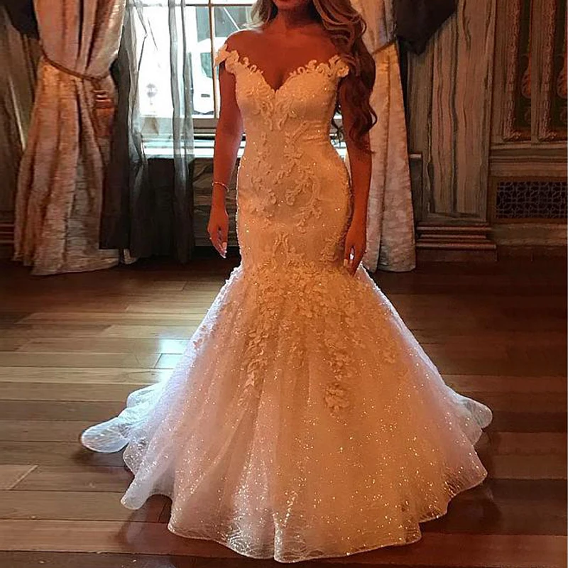 

FA214 Mermaid Wedding Dress White Bridal Gowns V Neck vestidos de noiva Plus Size Bling Robe de Mariee for women, Default or custom