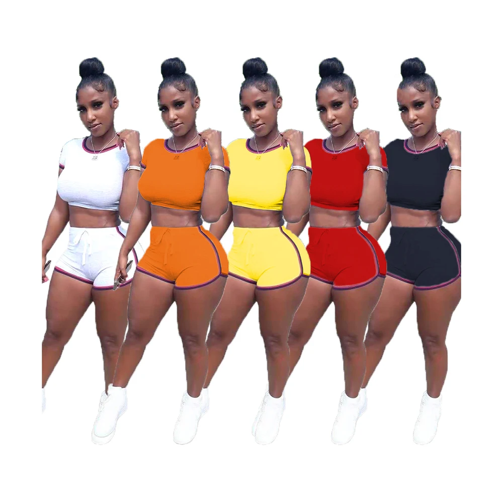 

Simple Fashion Summer 2021 Women Clothing Cotton short Sport Crop Top And Shorts Striped 2 Two Piece Set