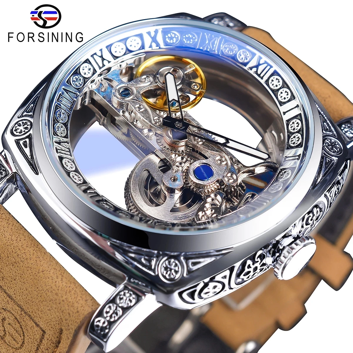2022 Forsining Square Transparent Retro Men's Automatic Mechanical Watch Silver Luminous Self-Wind Skeleton Design Belt Clock