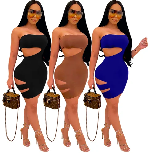 

Summer hot sale womens solid color mini dress bodycon tube top dresses women sexy cut out dress, Shown