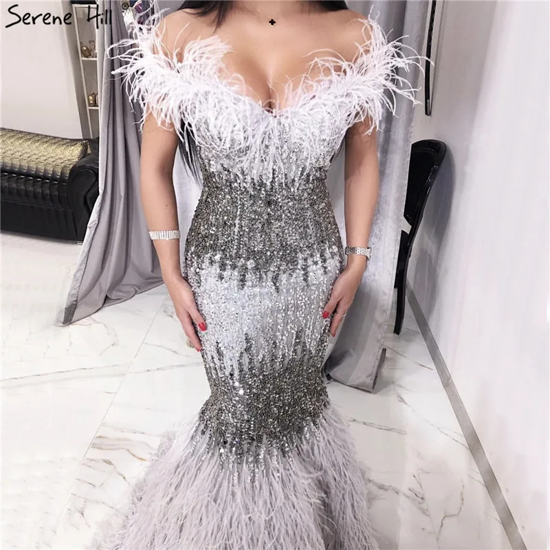 

Serene Hill Grey Mermaid Sleeveless Luxury Crystal Beads Woman Prom Dress Evening Formal Gowns With Feathers 2020 LA70242