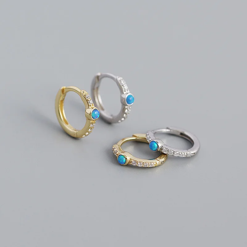 INS Drop Shipping 925 Sterling Silver Trendy Jewelry  Beautiful Round Shape with Blue Opal Hoop Earring for Women