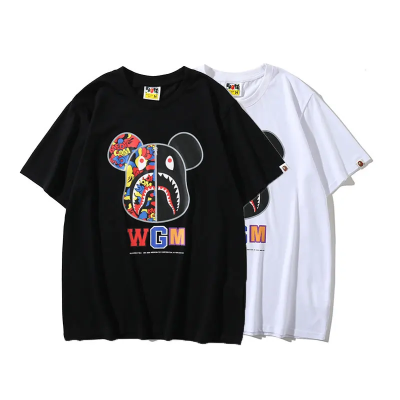 

New Trendy Unisex Casual T-shirt Violent Bear And Ape Shark Stitching Colorful Printing Short Sleeve T-shirt, Customized colors
