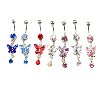 

Colorful Crystal Animal Butterfly Pendant Belly Ring Sexy Surgical Steel Butterfly Navel Belly Button Ring For Women