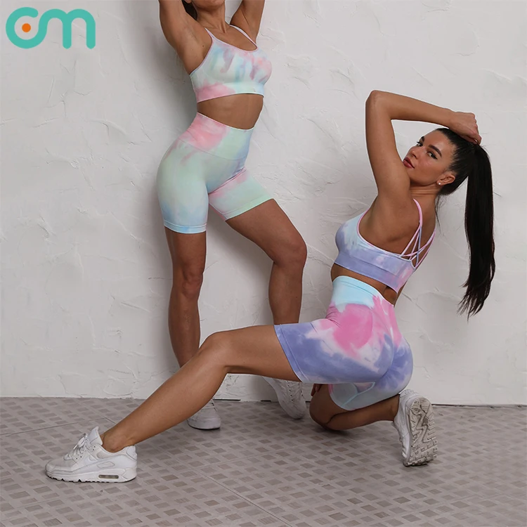 

Wholesale fitness fashion printed bra highwaist shorts fluorescent tie die yoga set, Multi colors