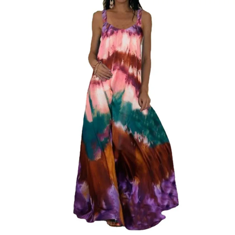 

Vacation Casual Summer Tie-dye 3D Swirl Print Dress Sling Strapless Dress Floor-Length Loose Bohemian Maxi Dress For Women, As pictures