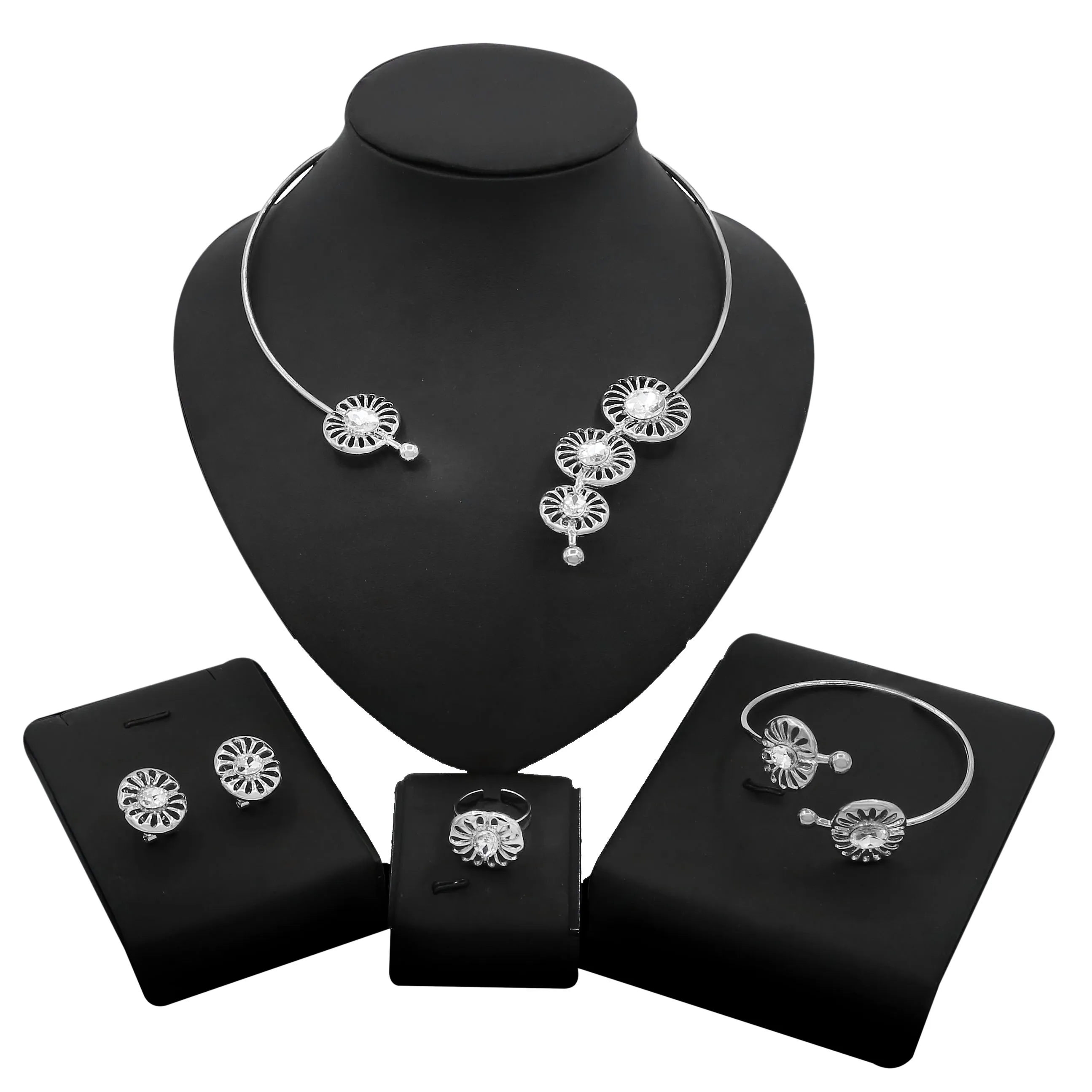 

Yulaili Romanian Silver Style Big Diamond Flower Jewelleries Set Unique Design Wholesale Cute Girl Party / Daily Wearing Sets