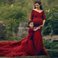 

Floor Length Baby Shower Dresses Chiffon Train Mother Daughter Matching Dress Slim fit Maxi Maternity Photo Shoot Dress Mum Gown