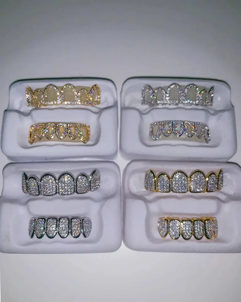 Top Bottom Teeth Grillz Set Zirconia Punk Teeth Mouth Dental Gold Grillz For Women Men Body Jewelry