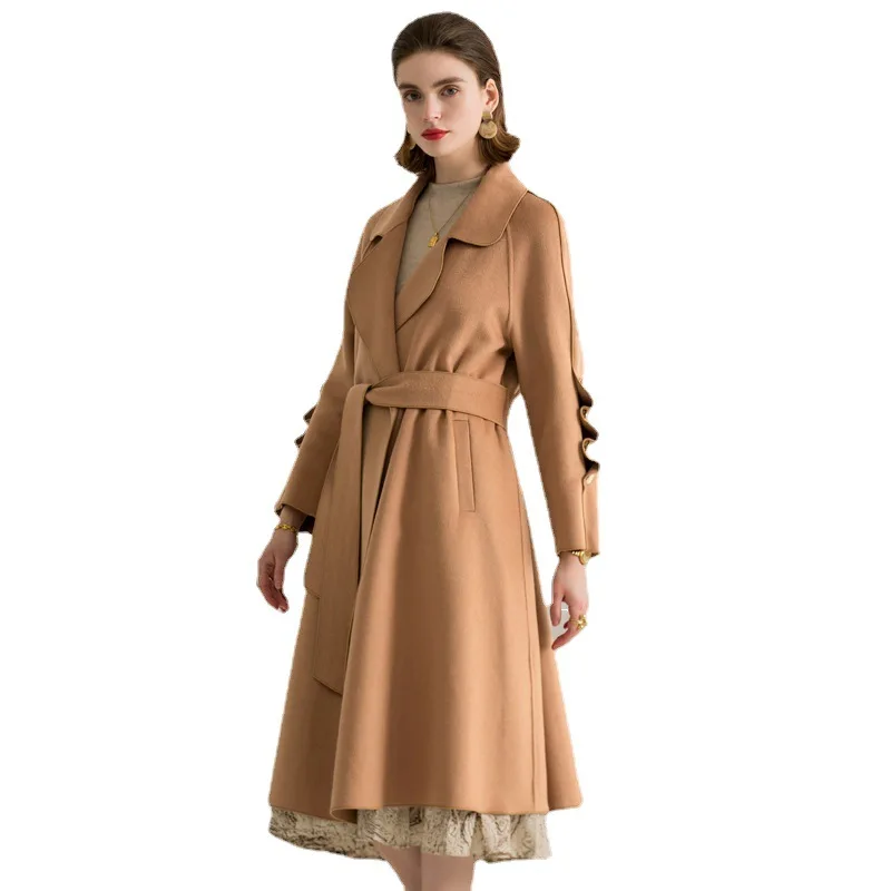 

2021 autumn and winter women's hot selling double-sided cashmere windbreaker fashion solid color belt women's coat