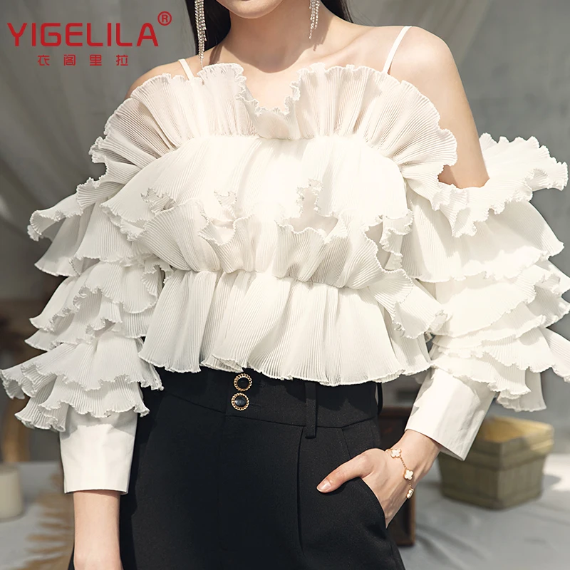 

YIGELILA 2021 Summer Women's White Crop Top Multilayer Ruffle Pleated Sexy Organza Top Stylish Party Crop Top