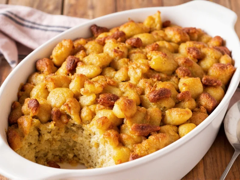 Golden brown homemade bread stuffing in ceramic dish
