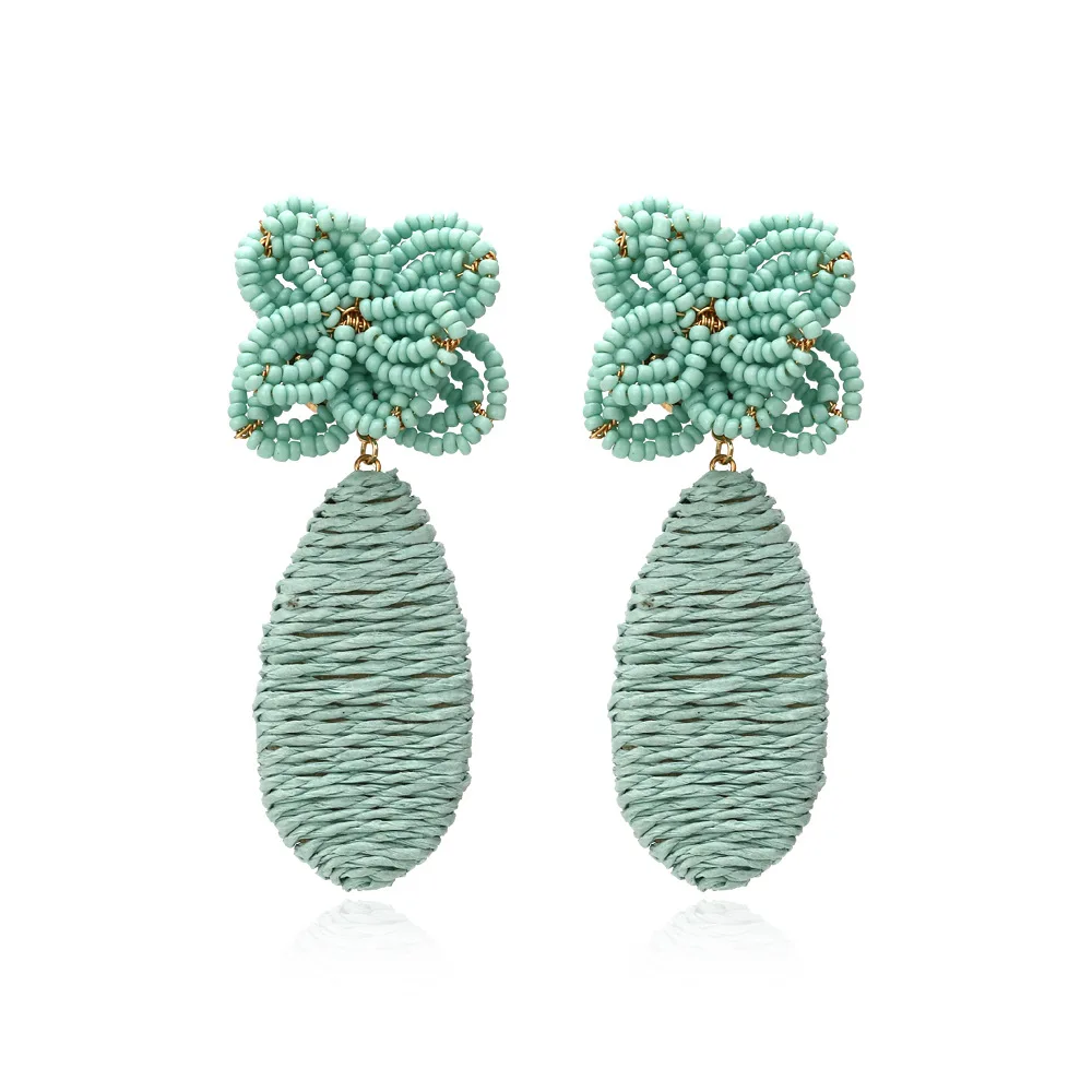 

2020 New Personalized Light Green Hand-woven Flower Shape w Bead Earrings Exaggerated Retro Female Earrings, Colorful