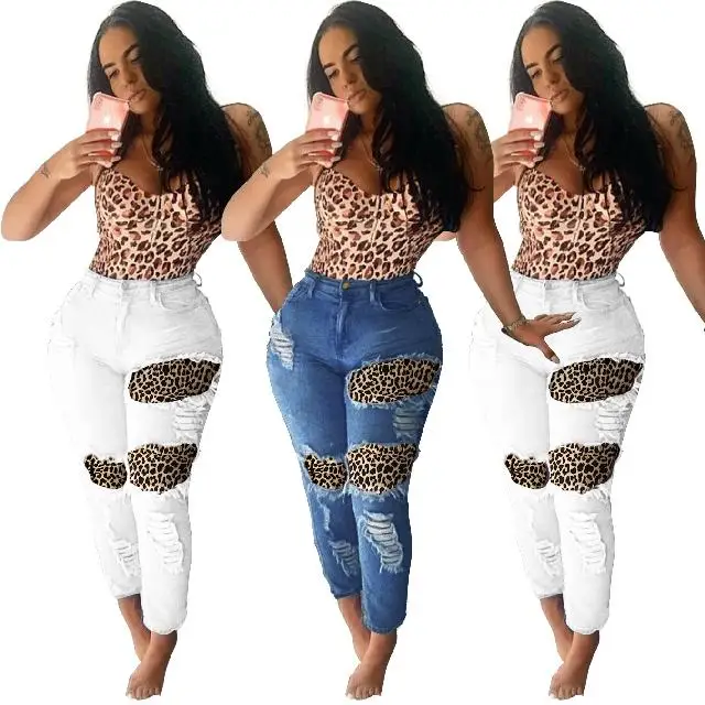 

2021 Fashion Personality Leopard Print Stitching Ripped Stretch Casual Jeans, Picture color