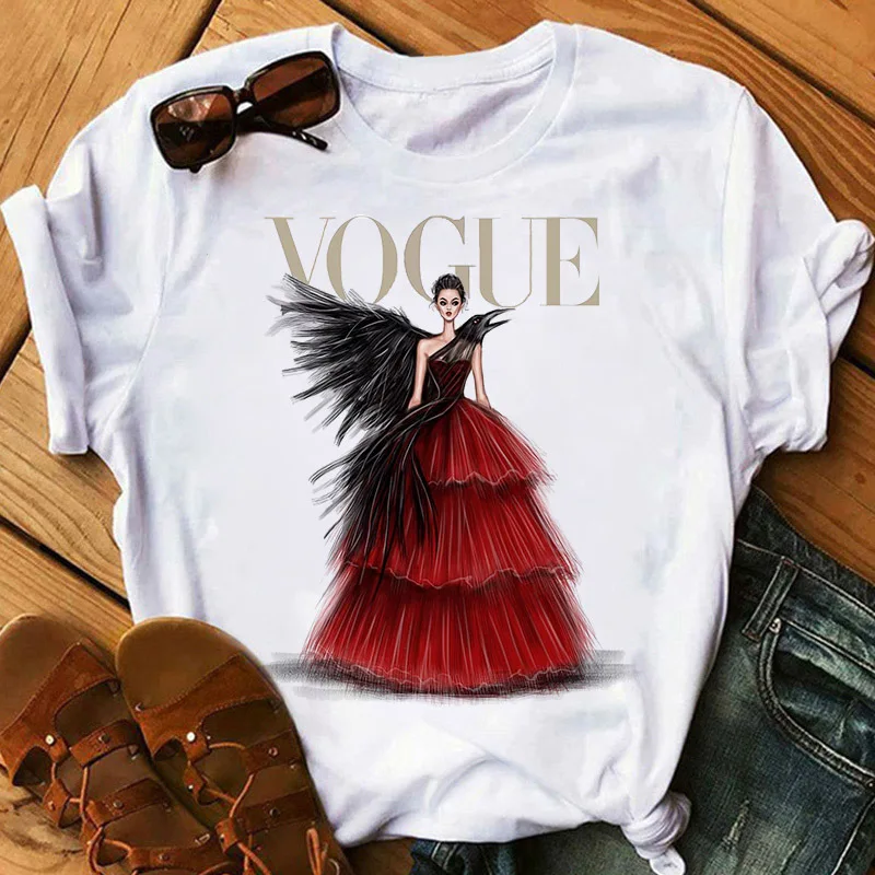 

Fashion casual printed white crewneck T-shirt women can be customized