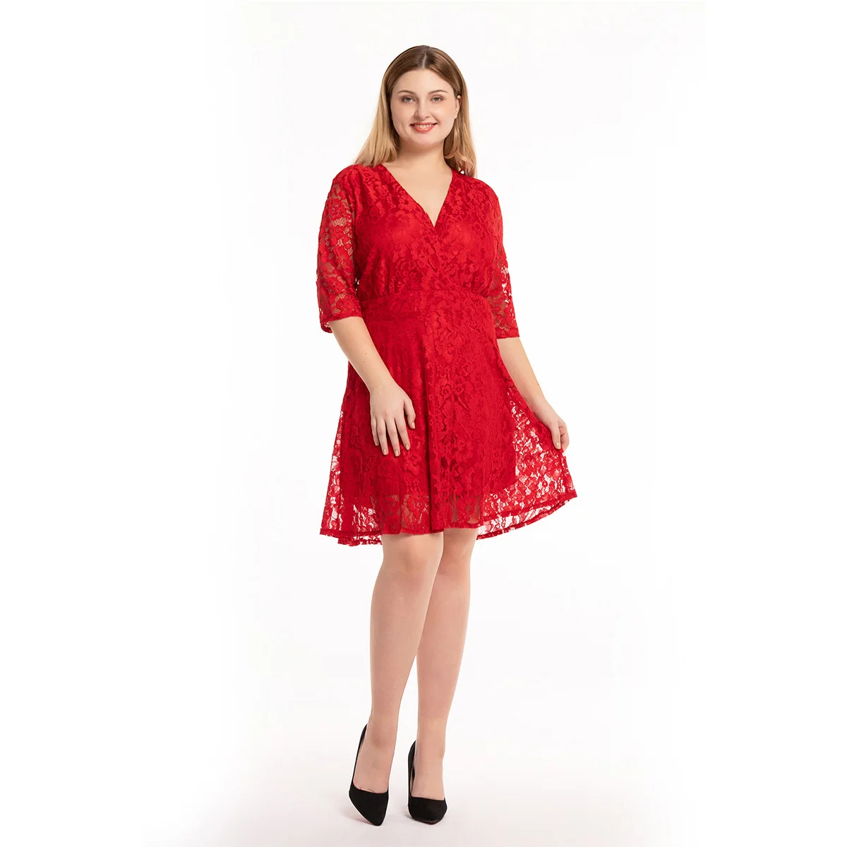 

Romwe Women's Skirt Plus Short Sleeve V Neck Skirts Chiffon Lace Party Red Dress