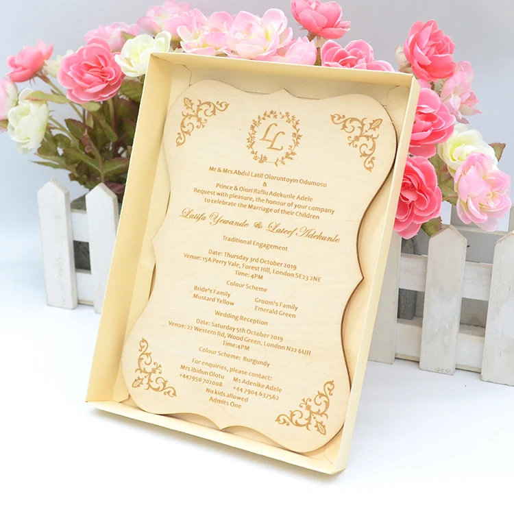 Perso<em></em>nalized wood engraved wedding wooden invitation card