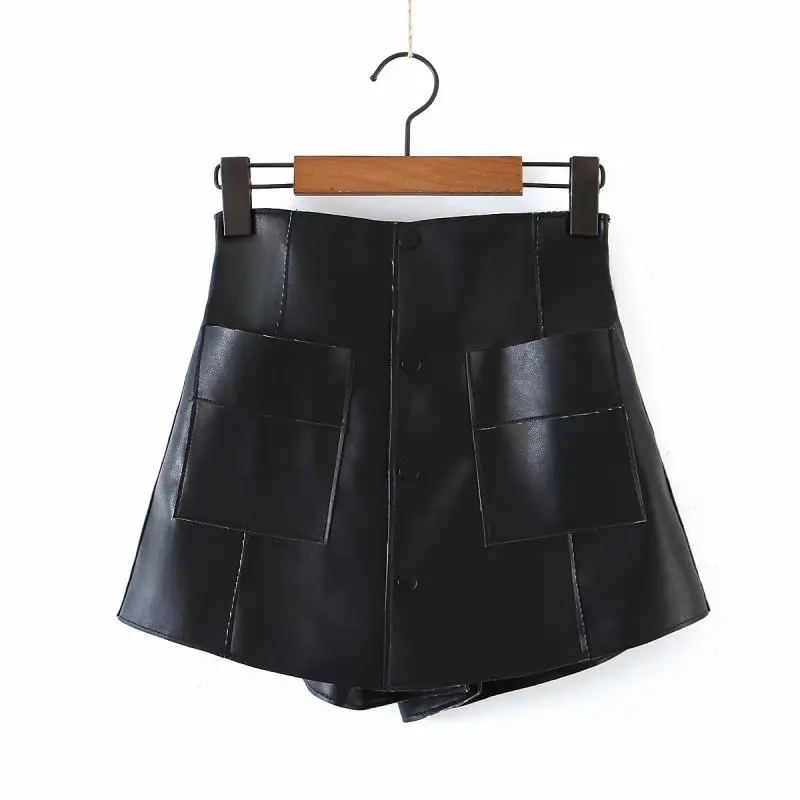 

High quality Good-looking PU leather skirt pants with double pockets and elastic waist