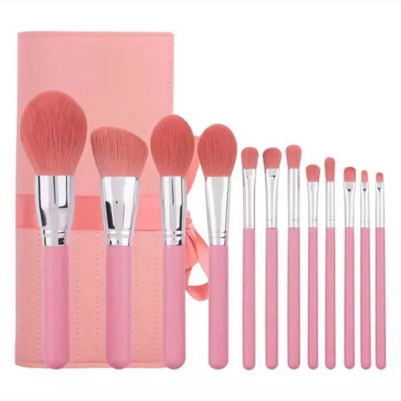 

Wooden 12pcs pink makeup brush set foundation brushes with travel case face travel size make up brush wooden handle