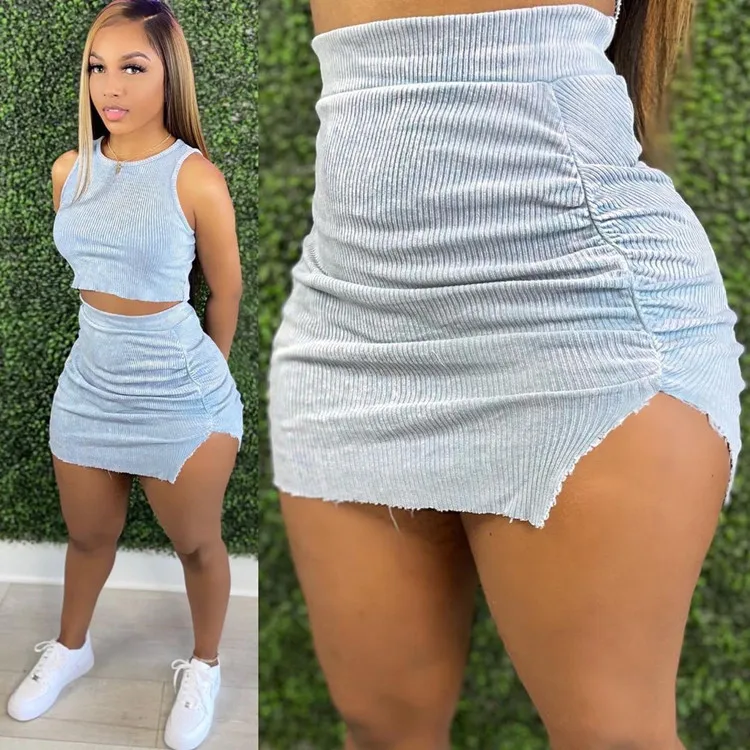 

2021 Women Casual Gray 2 Piece Skirt Sets Clothing for Women 2pc Summer Cotton Skirt Set Crop Top New Two Set Pieces Skirt n Top