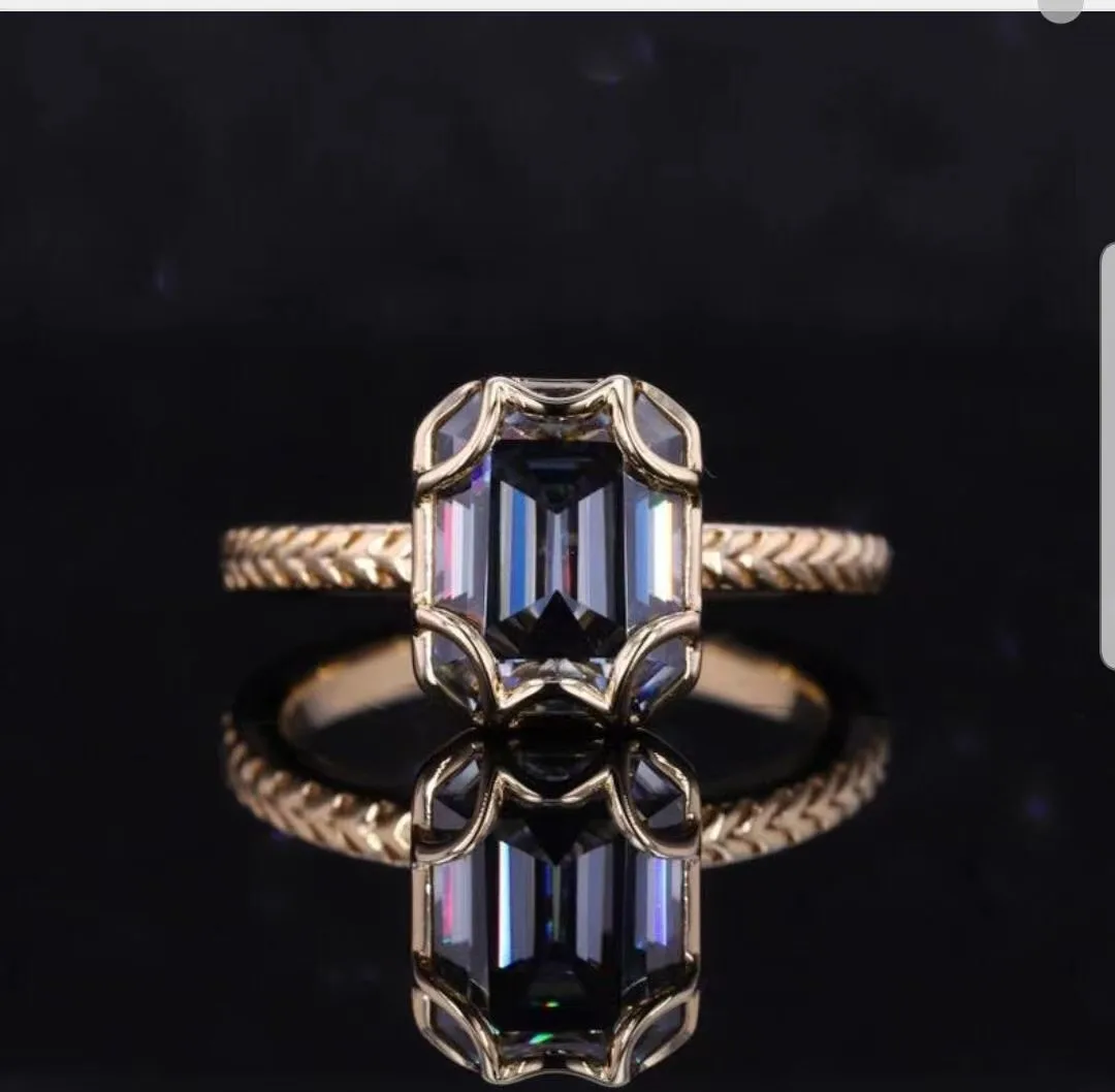 

Popular 10k yellow solid gold 7*9 Emerald cut rings jewelry women 3 carat gray blue color moissanite jewelry rings