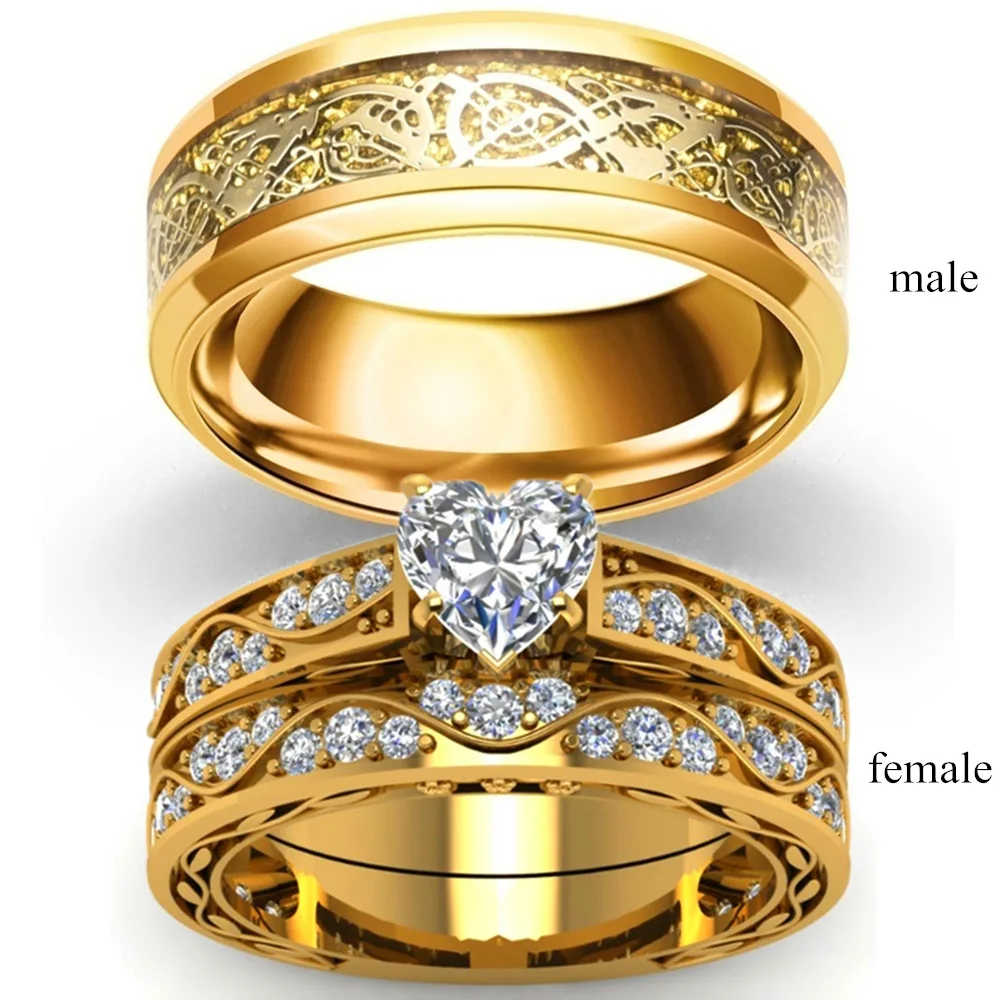 

3pcs Fashion Jewelry 18k Gold Color Dragon Pattern Stainless Steel Couple Rings Zircon Heart Wedding Ring Set for Bridal