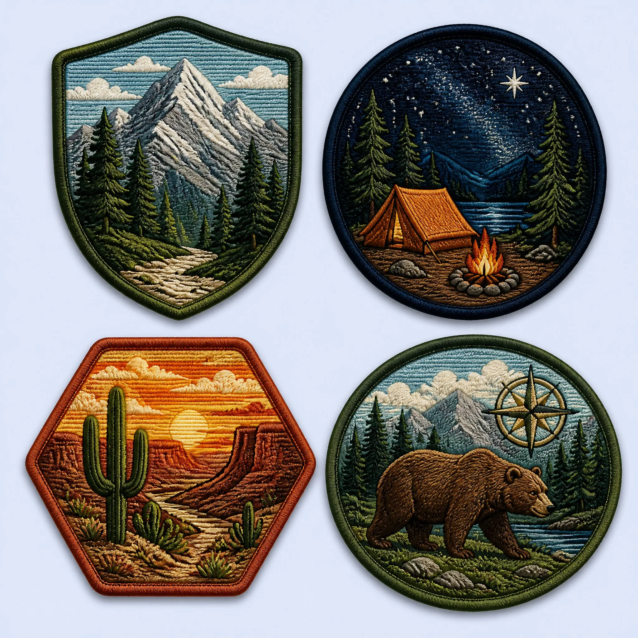 4-Style Wilderness Adventure Collection: Mountain River Shield, Starry Night Camping Round, Desert Saguaro Hexagon, and Grizzly Bear Compass Round