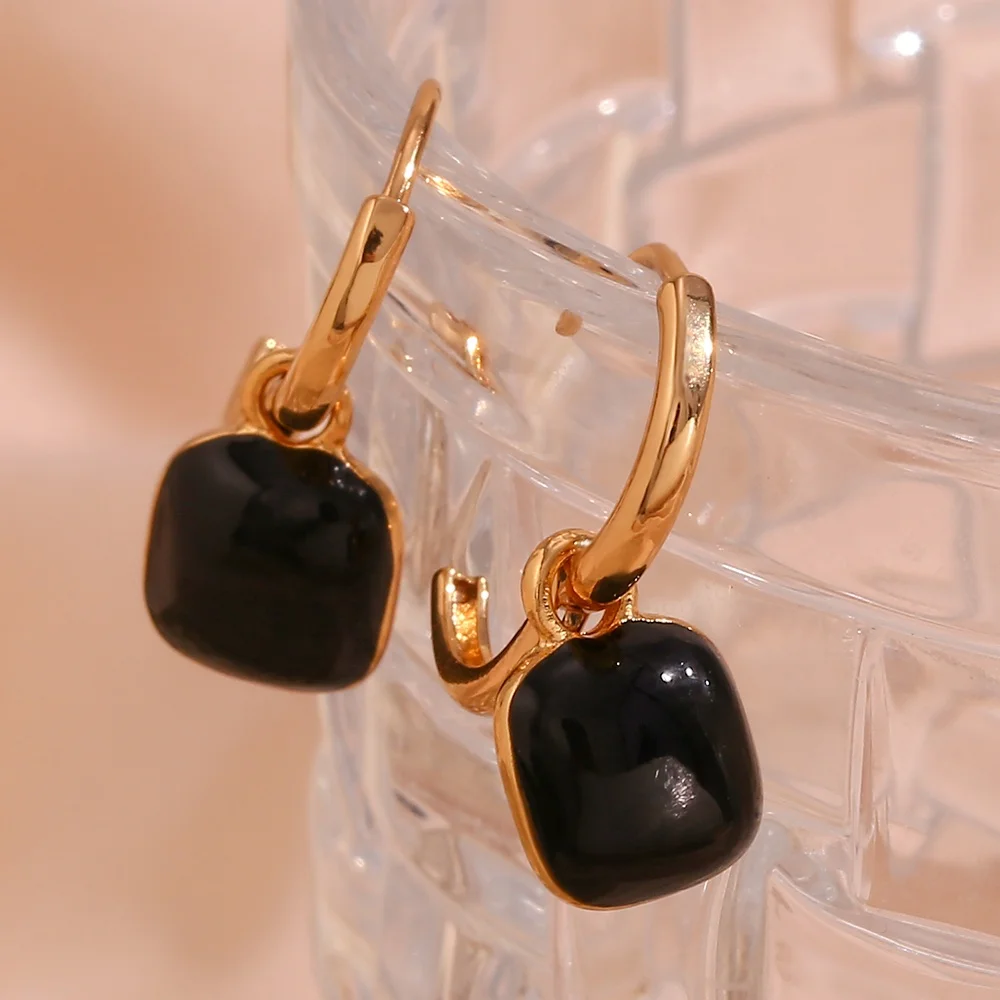 Double Enamel Black Square Drop Earring 18k Gold Plated Stainless Steel Earrings For Women Jewelry