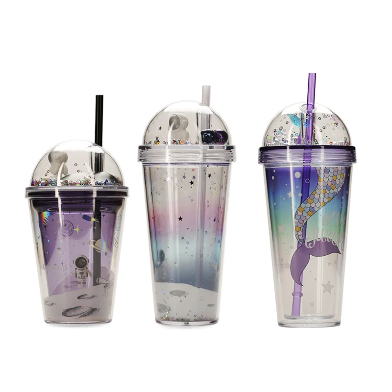 

Eco Friendly Kids Reusable Cute Plastic Glitter Tumbler Cup with Straw, Pink grey yellow blue