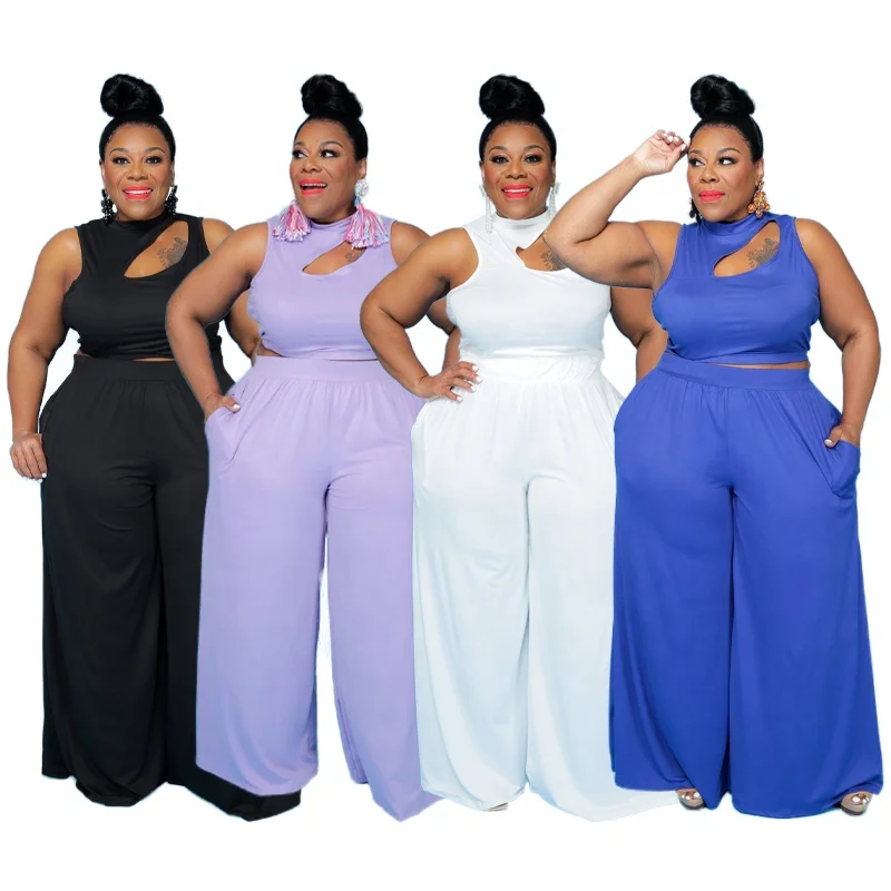 

new arrivals fashion 2021 plain sexy sleeveless O-neck crop top and wide-leg pants two piece set plus size women clothes, As the picture show