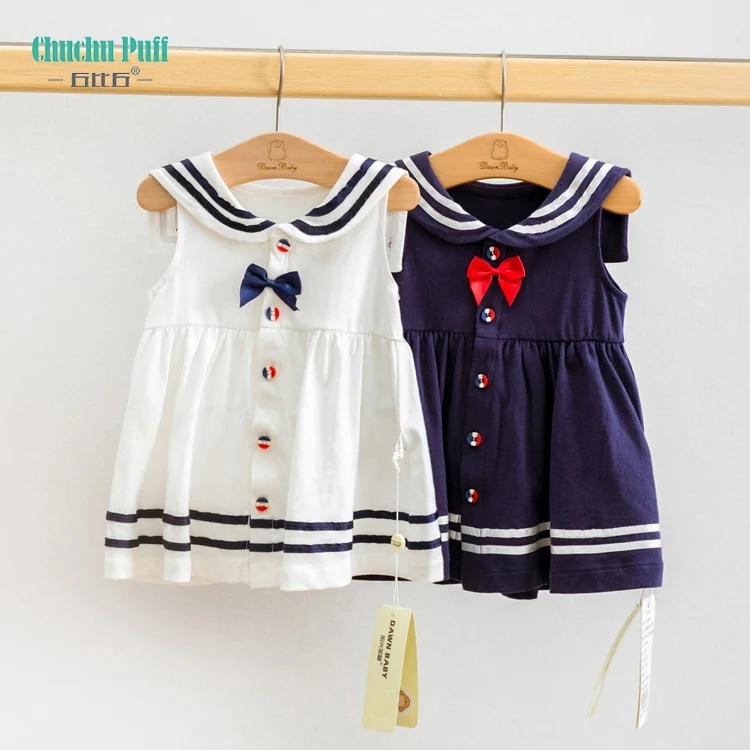 

100% cotton fancy navy style sleeveless spring baby dresses with bowknot
