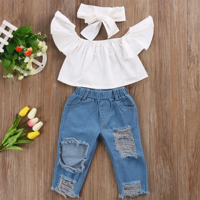 

White Top Ripped Jeans Baby Girl Summer Clothing 2-Piece Set