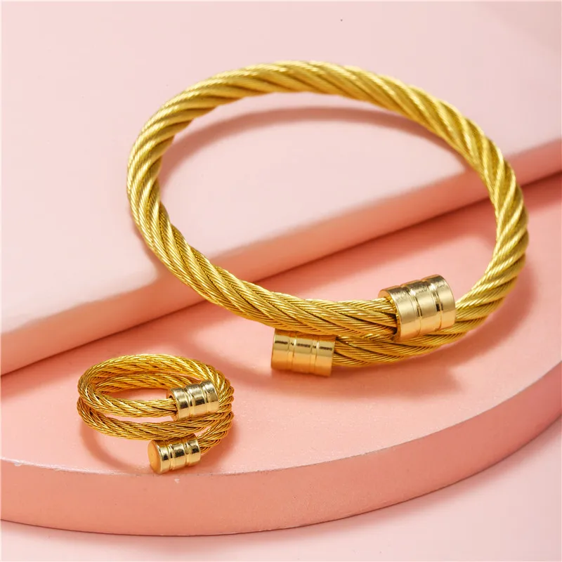 

2021 Sailing Jewelry Couple Gift Titanium Steel Wire Rope Ring Bracelet Open Stainless Steel Wire Ring Bracelet Set