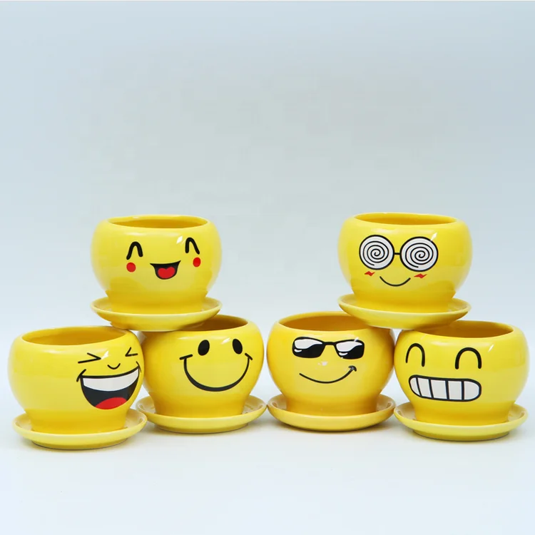 

Modern Cheap Yellow Glazed Smile Grimace Lovely Face Mini Cute Ceramic Potted Plant Planter Flower Pots, Customer's requirment